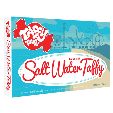 Taffy Town Boardwalk Salt Water Taffy Gift Box, 12 oz, featuring gourmet taffy with a vibrant seaside theme design.
